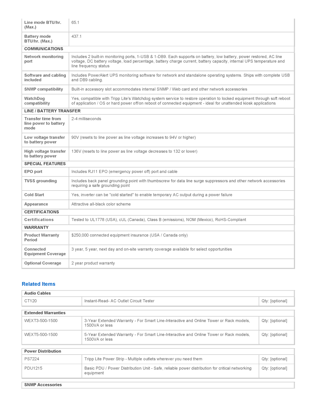 Tripp Lite SM500RMNAFTA warranty Related Items 