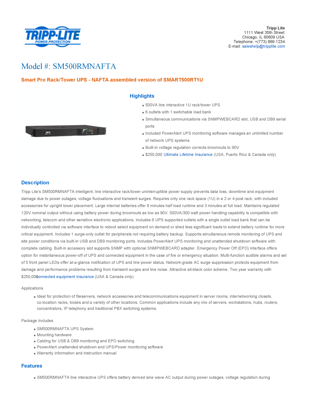 Tripp Lite warranty Highlights, Description, Features, Model # SM500RMNAFTA 