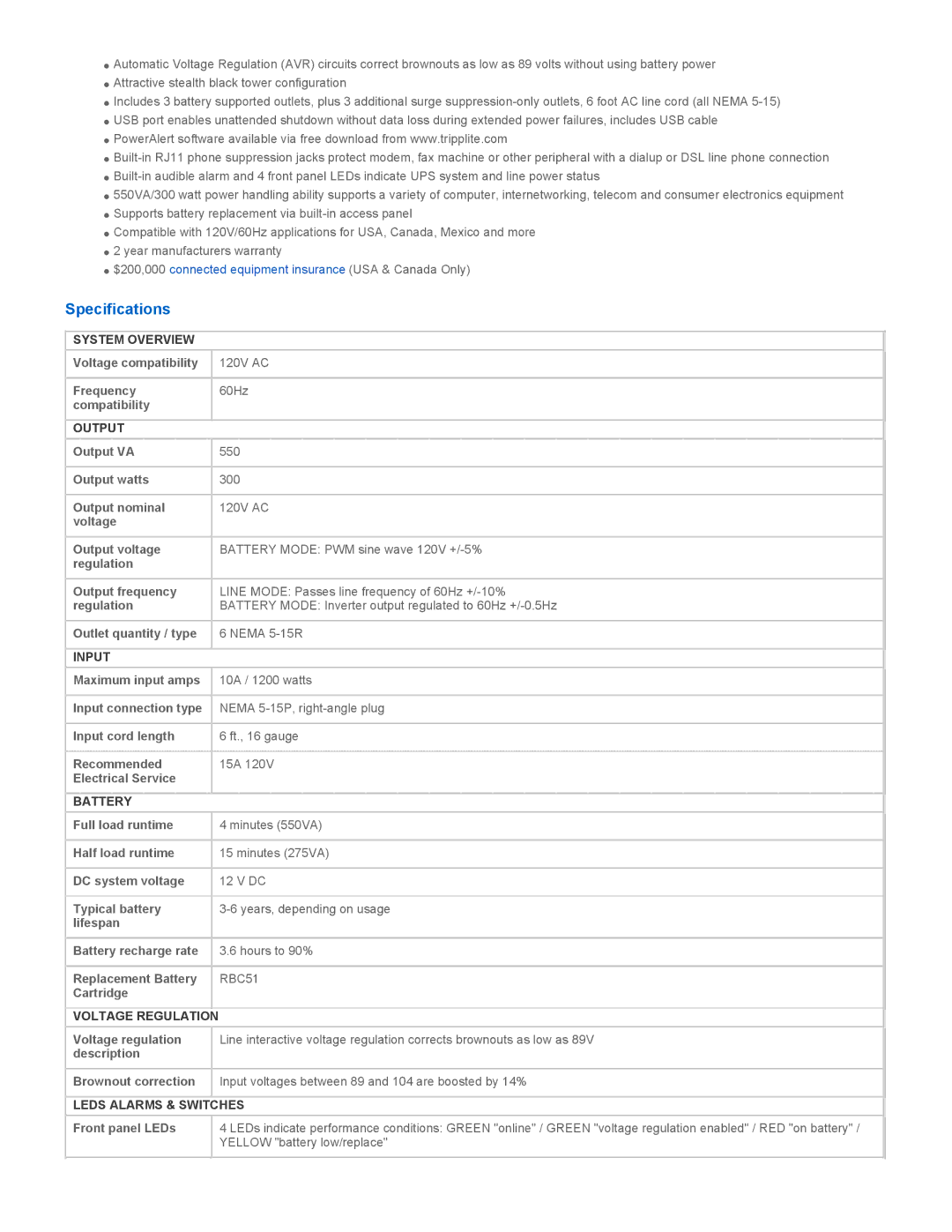 Tripp Lite SM550UNAFTA warranty Specifications, RBC51 