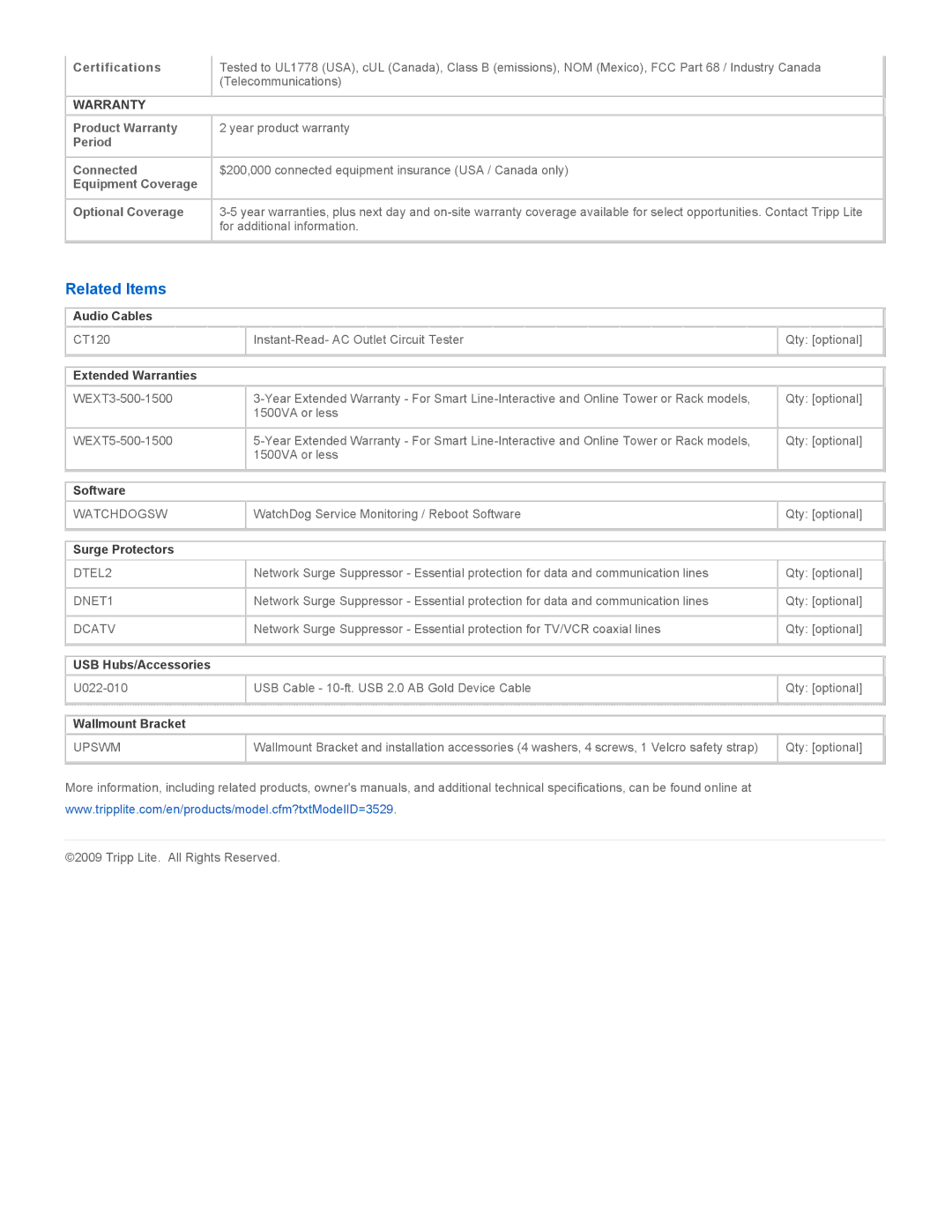 Tripp Lite SM550UNAFTA warranty Related Items, Certifications, Product Warranty Period, Optional Coverage 