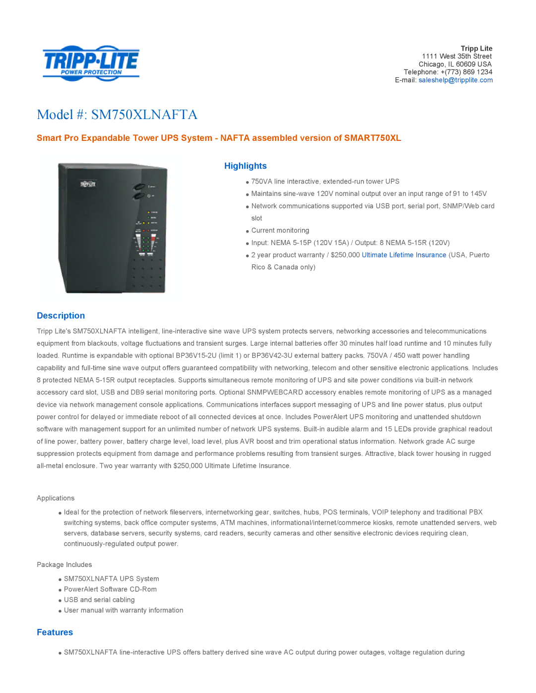 Tripp Lite SM750XLNAFTA warranty Highlights, Description, Features 