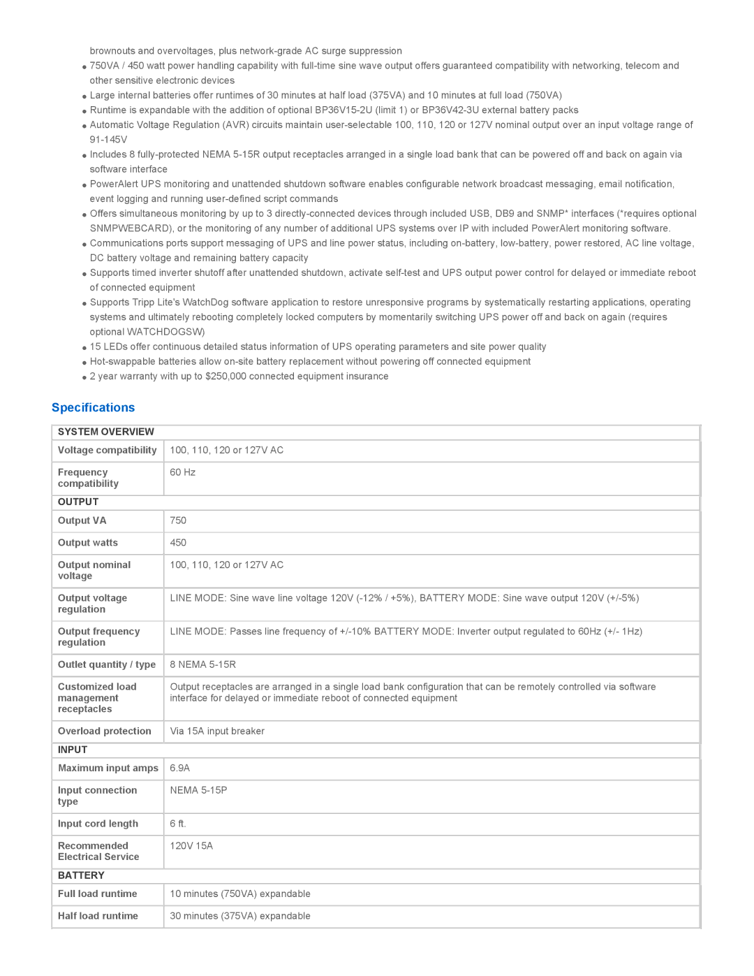 Tripp Lite SM750XLNAFTA warranty Specifications, System Overview, Output, Input, Battery 