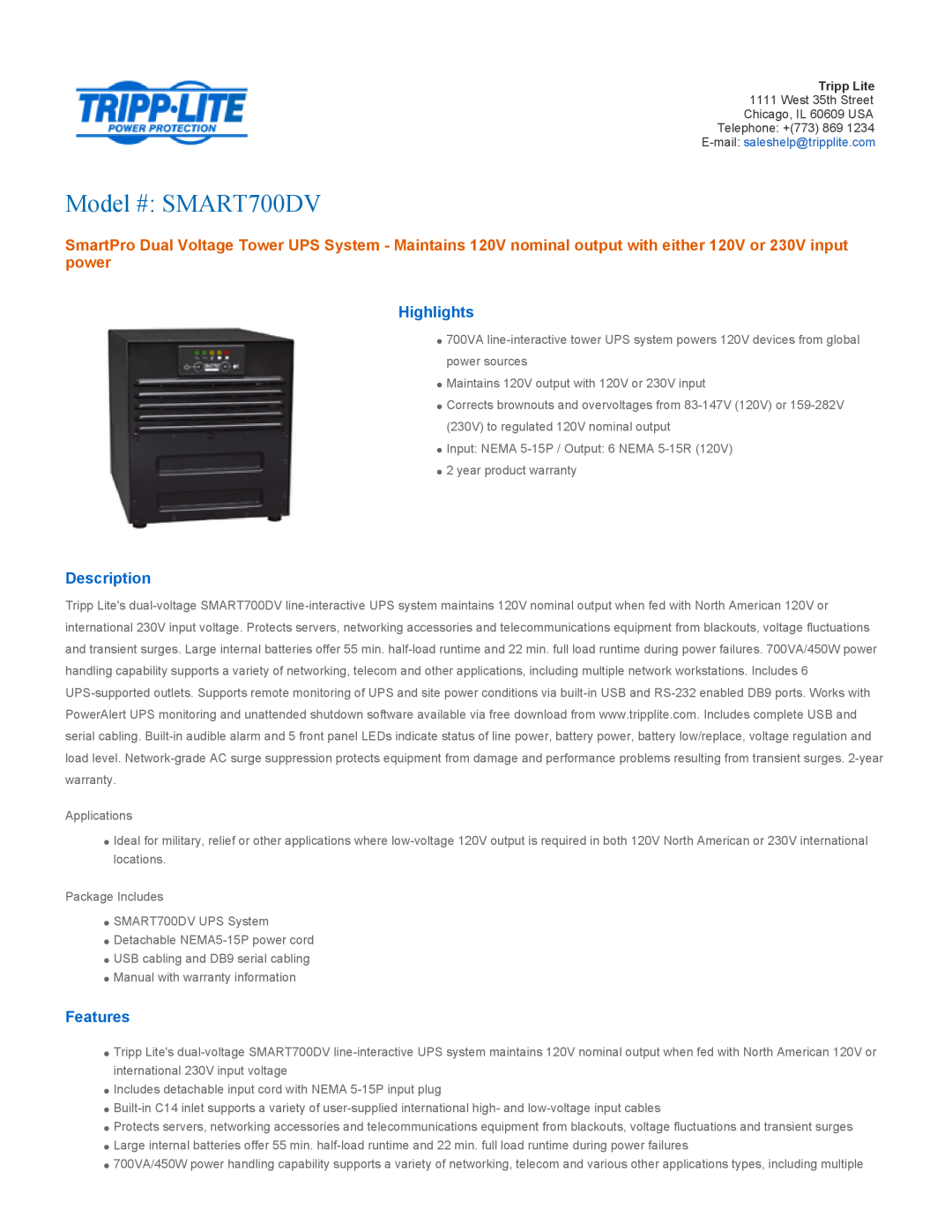 Tripp Lite SMARRT700DV warranty Highlights, Description, Features, Model # SMART700DV 
