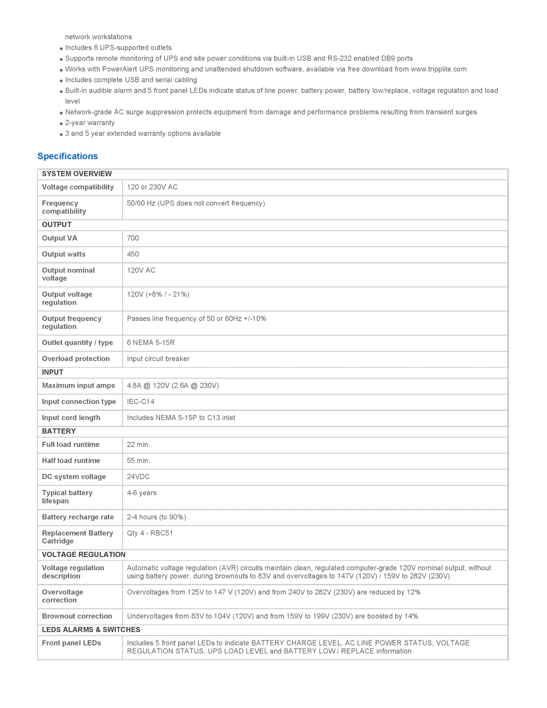 Tripp Lite SMARRT700DV warranty Specifications 