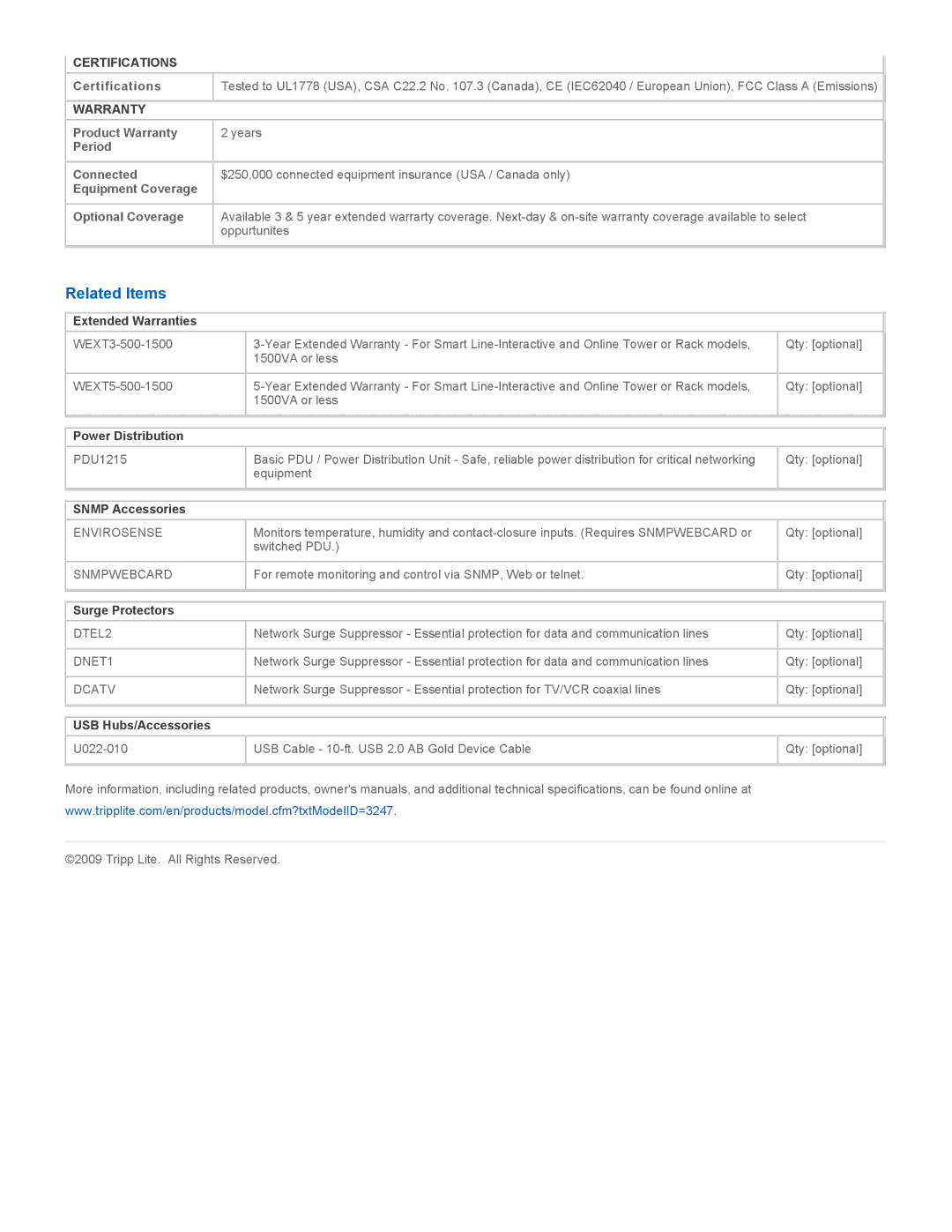 Tripp Lite SMARRT700DV warranty Related Items, Certifications, Warranty 