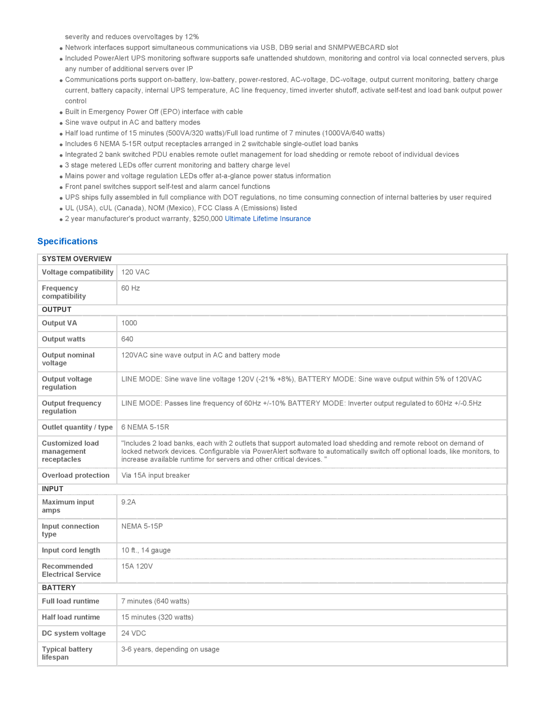 Tripp Lite SMART1000RM1U warranty Specifications, System Overview, Output, Input, Battery 