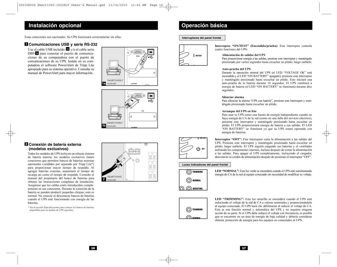Tripp Lite Smart1050, 1500SLT owner manual Comunicaciones USB y serie RS-232, Conexión de batería externa modelos exclusivos 