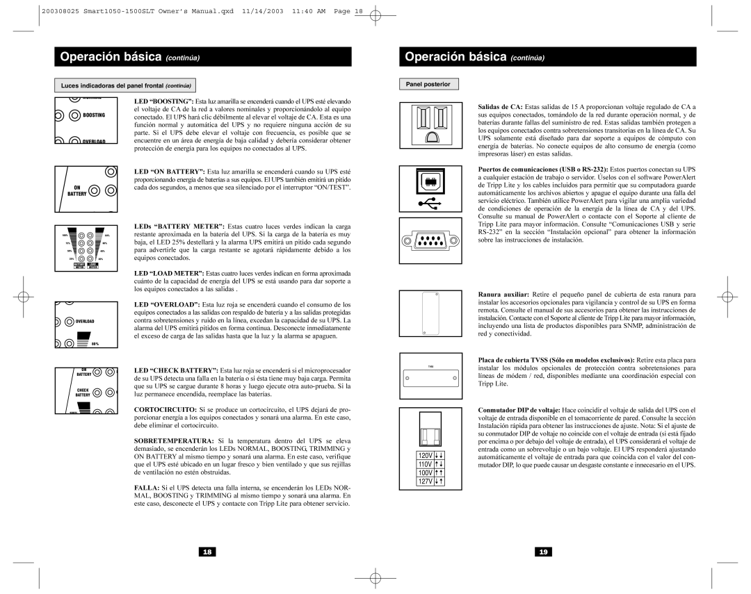 Tripp Lite 1500SLT, Smart1050 owner manual Operación básica continúa 