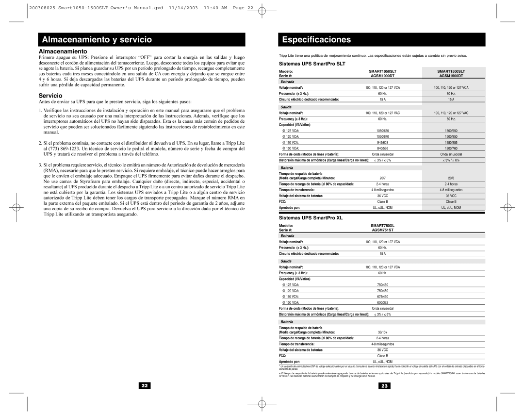 Tripp Lite 1500SLT, Smart1050 owner manual Almacenamiento, Servicio, Sistemas UPS SmartPro SLT, Sistemas UPS SmartPro XL 