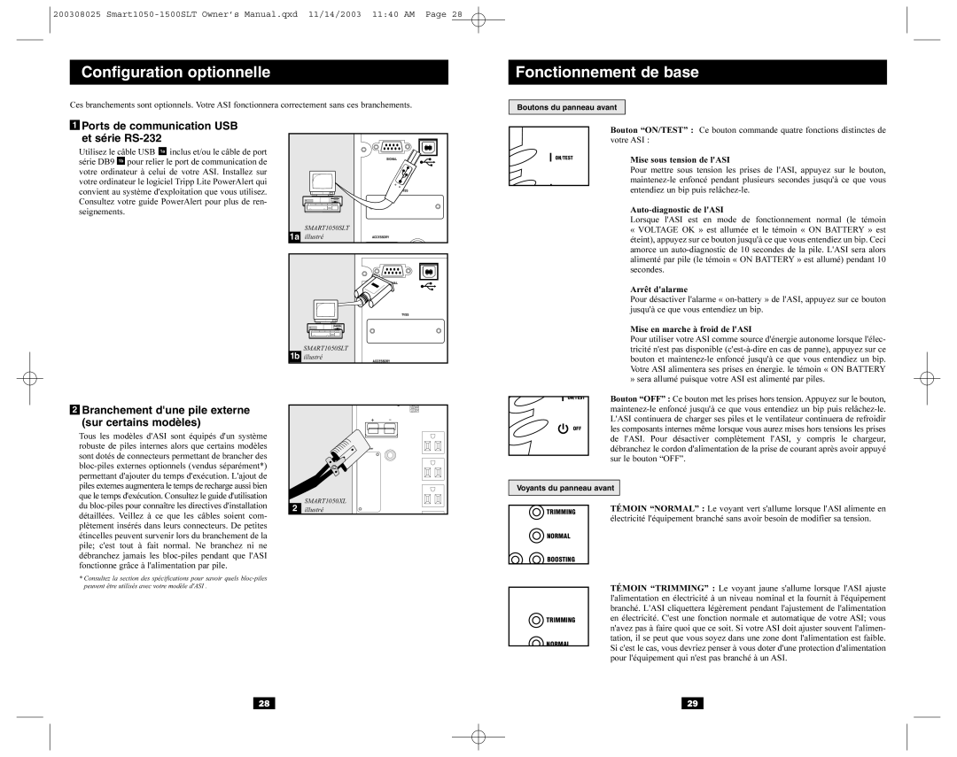 Tripp Lite Smart1050 Ports de communication USB et série RS-232, Branchement dune pile externe sur certains modèles 