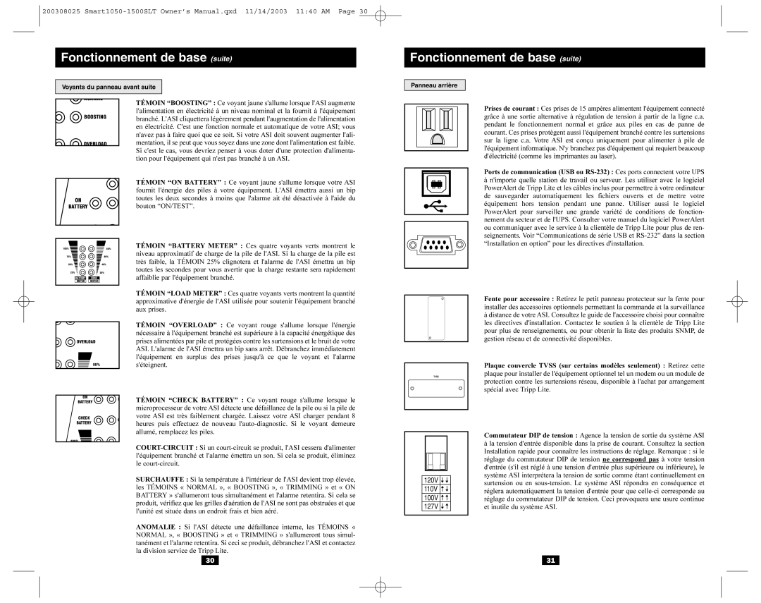 Tripp Lite 1500SLT, Smart1050 owner manual Fonctionnement de base suite, Panneau arrière 