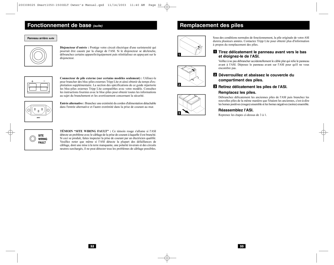 Tripp Lite Smart1050, 1500SLT owner manual Fonctionnement de base suite Remplacement des piles, Réassemblez lASI 