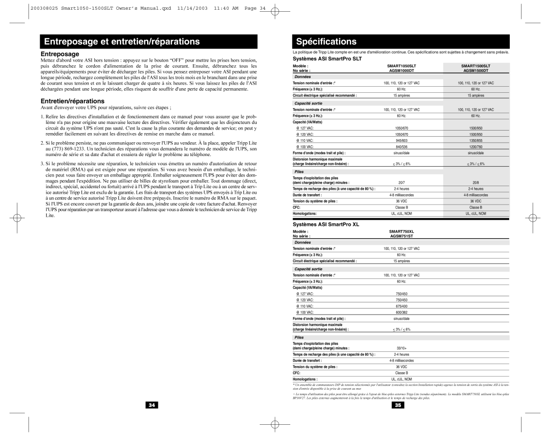 Tripp Lite 1500SLT, Smart1050 Entreposage, Entretien/réparations, Systèmes ASI SmartPro SLT, Systèmes ASI SmartPro XL 