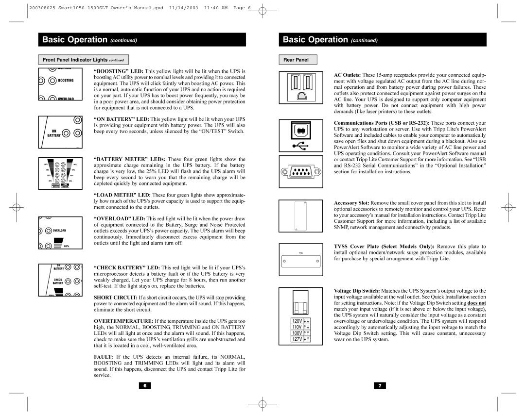 Tripp Lite 1500SLT, Smart1050 owner manual Front Panel Indicator Lights, Rear Panel 