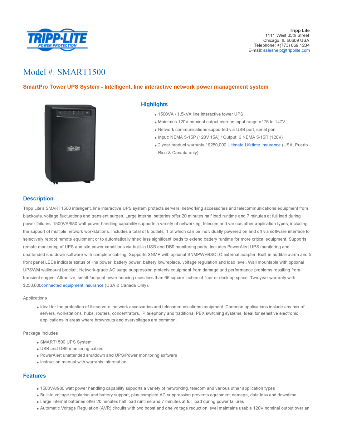 Tripp Lite warranty Highlights, Description, Features, Model # SMART1500 