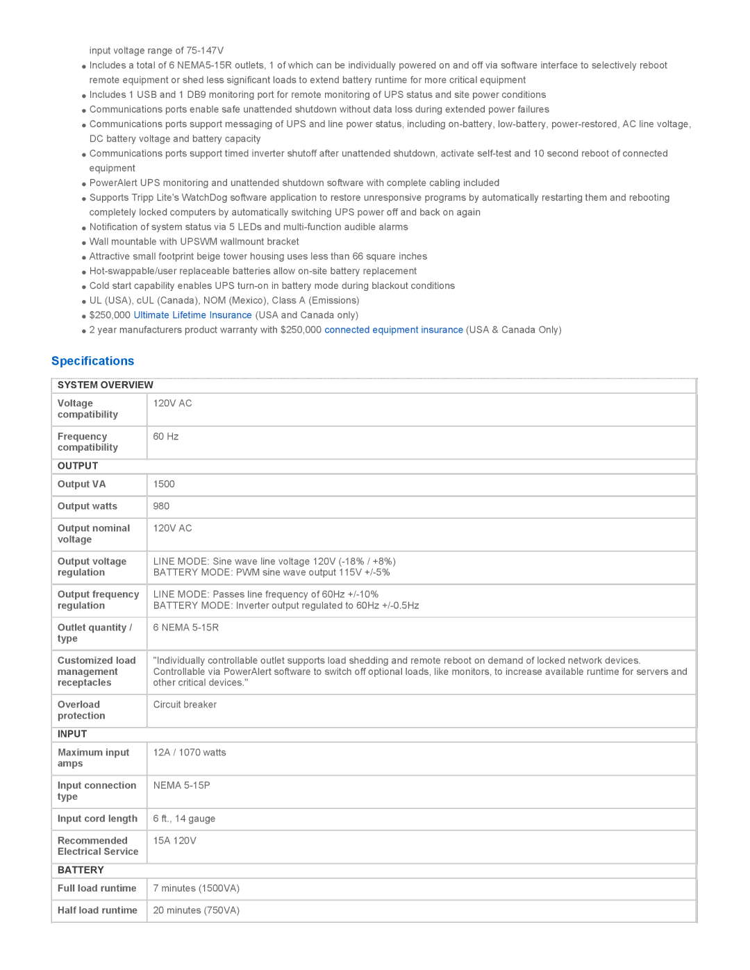 Tripp Lite SMART1500 warranty Specifications, System Overview, Output, Input, Battery 