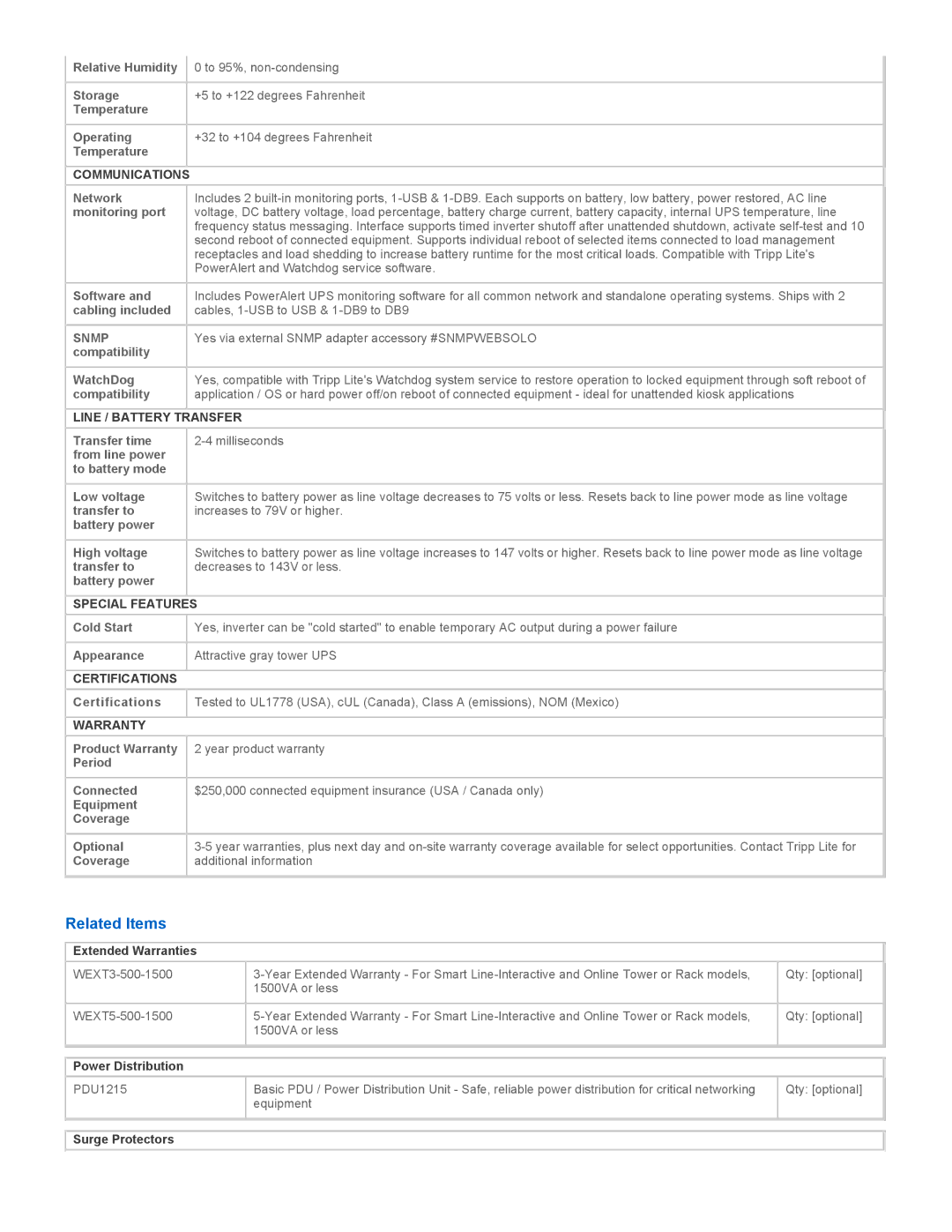 Tripp Lite SMART1500 warranty Related Items, Line / Battery Transfer, Special Features, Certifications, Warranty 