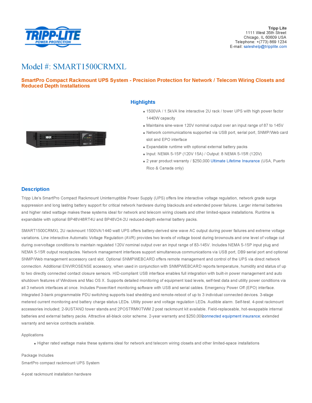 Tripp Lite warranty Highlights, Description, Model # SMART1500CRMXL 