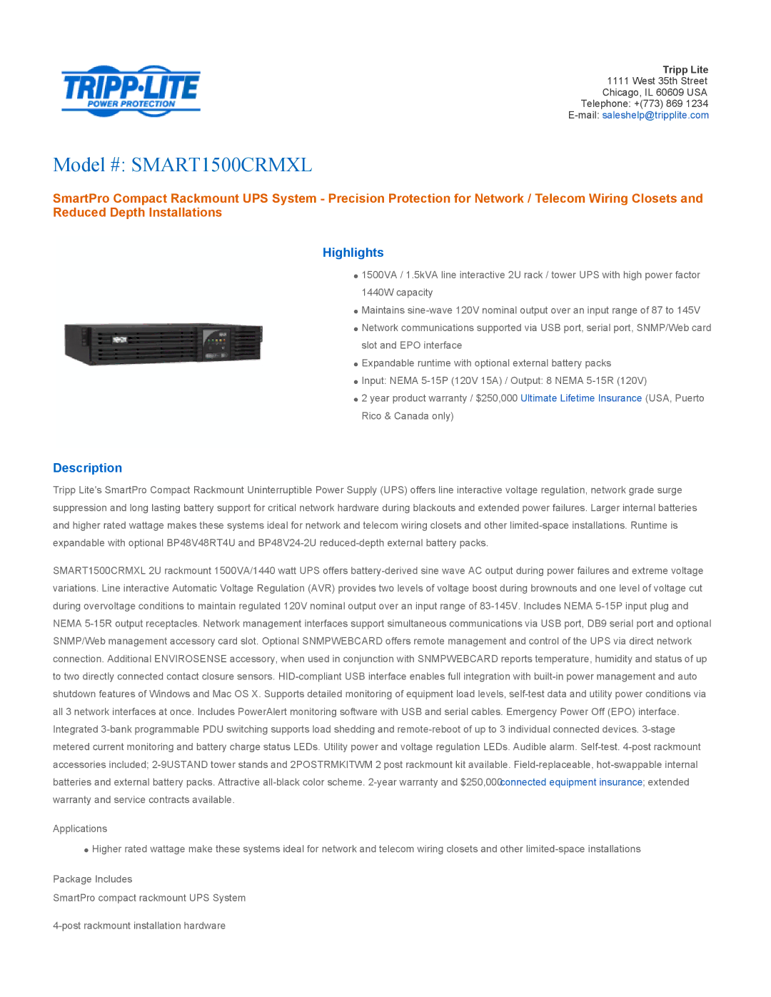 Tripp Lite SMART1500CRMXL warranty Highlights, Description 