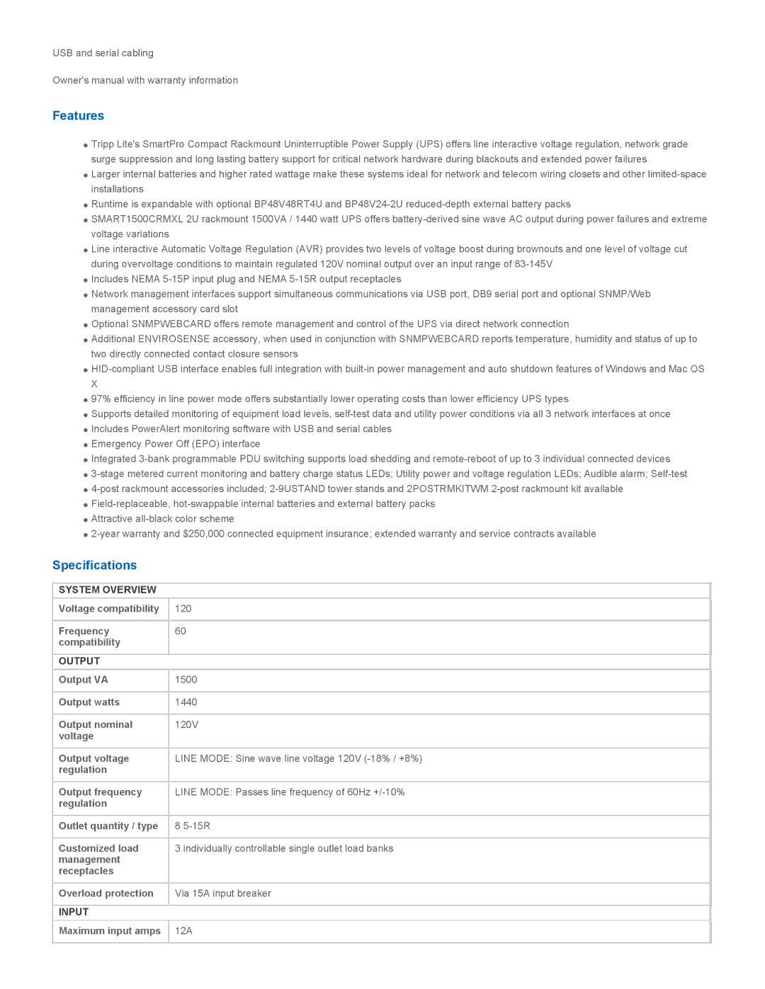 Tripp Lite SMART1500CRMXL warranty Features, Specifications, System Overview, Output, Input 