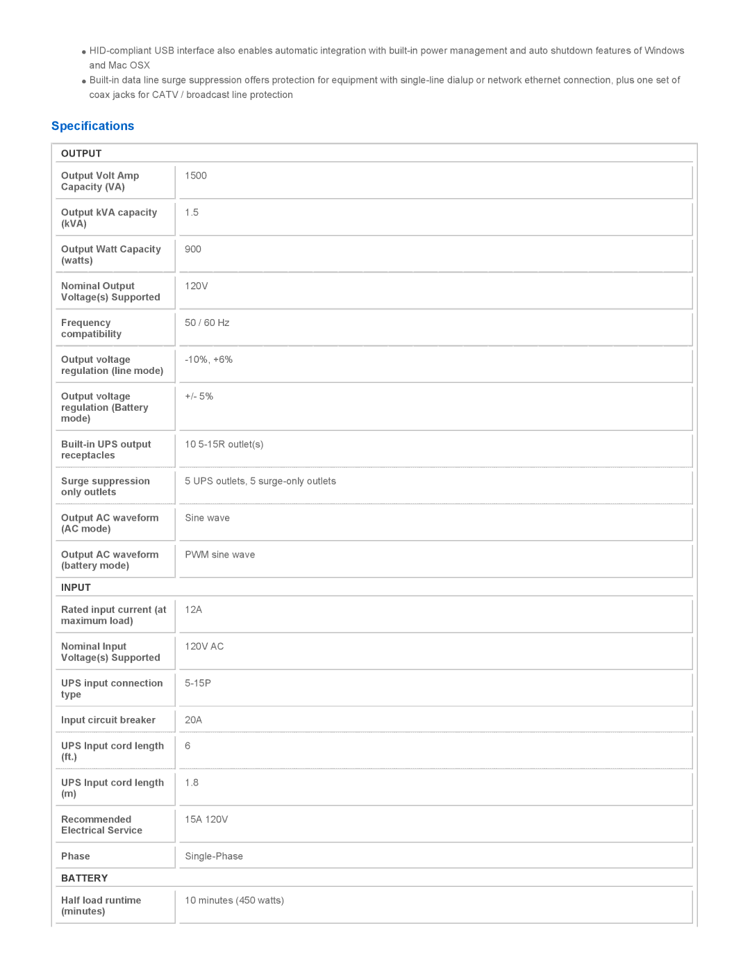 Tripp Lite SMART1500LCDT warranty Specifications, Output, Input, Battery 
