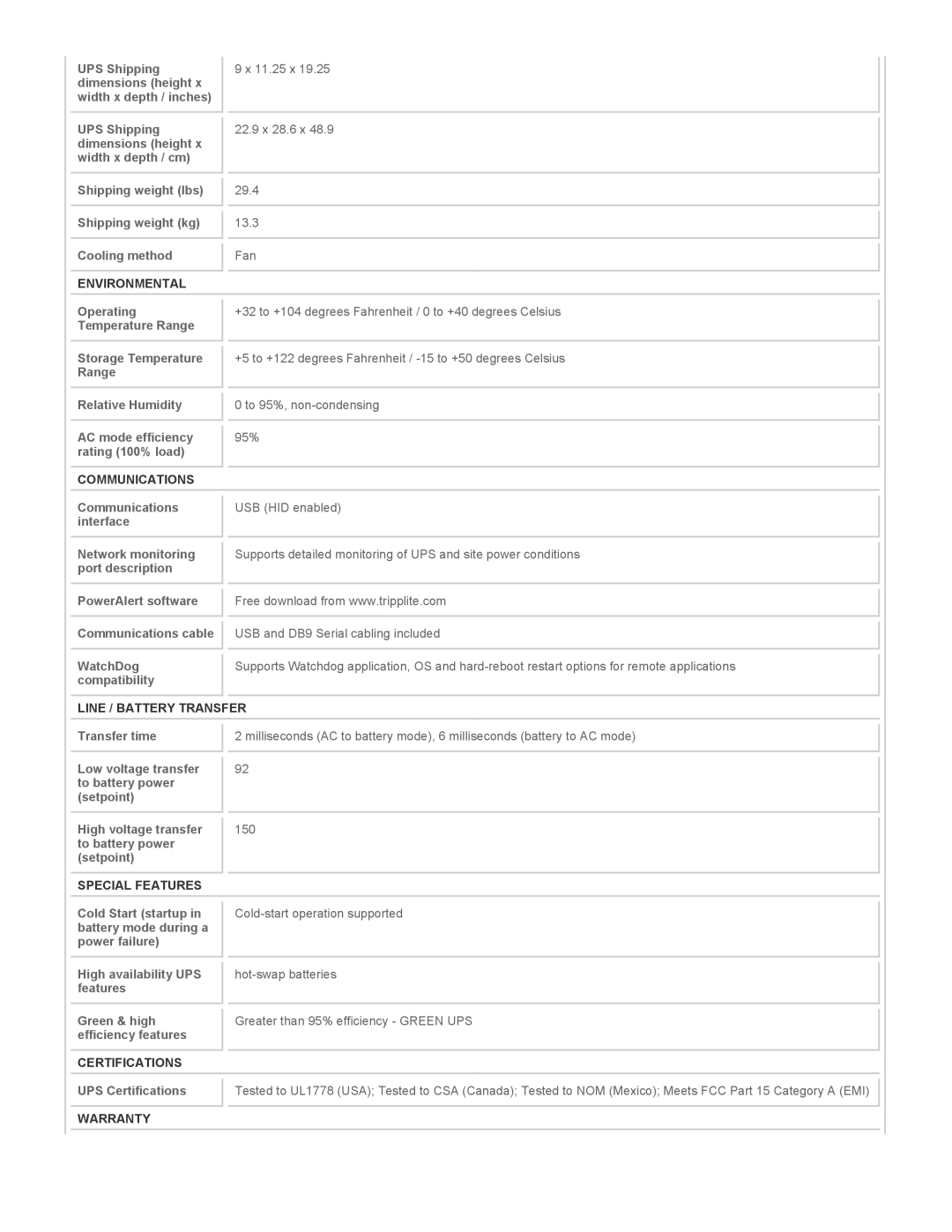 Tripp Lite SMART1500LCDT warranty Environmental, Communications, Line / Battery Transfer, Special Features, Certifications 