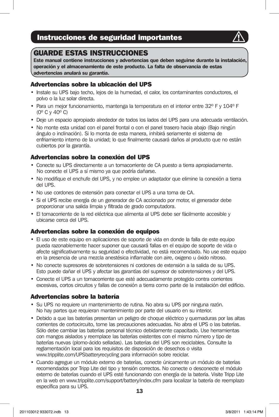 Tripp Lite SMART1500LCDXL owner manual Instrucciones de seguridad importantes, Advertencias sobre la ubicación del UPS 