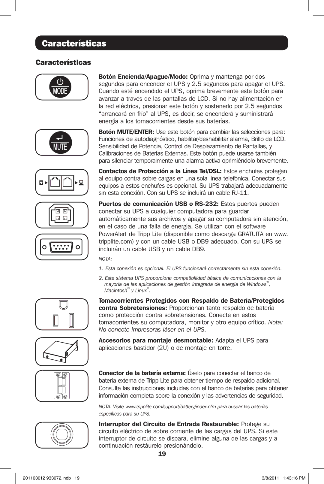 Tripp Lite SMART1500LCDXL owner manual Características 