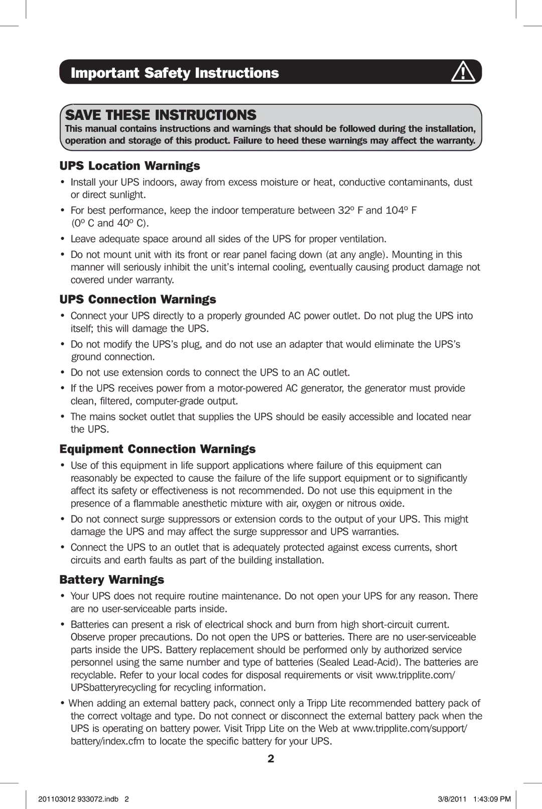 Tripp Lite SMART1500LCDXL Important Safety Instructions, UPS Location Warnings, UPS Connection Warnings, Battery Warnings 