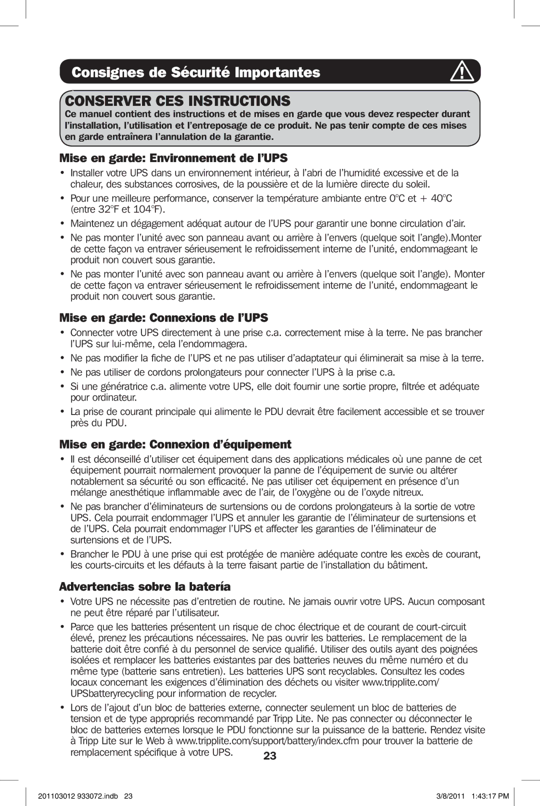 Tripp Lite SMART1500LCDXL owner manual Consignes de Sécurité Importantes, Mise en garde Environnement de l’UPS 