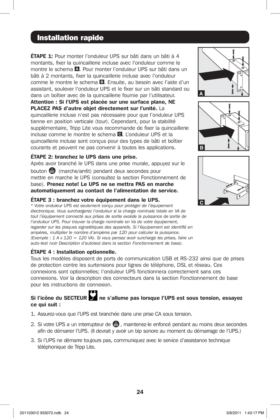 Tripp Lite SMART1500LCDXL owner manual Installation rapide 