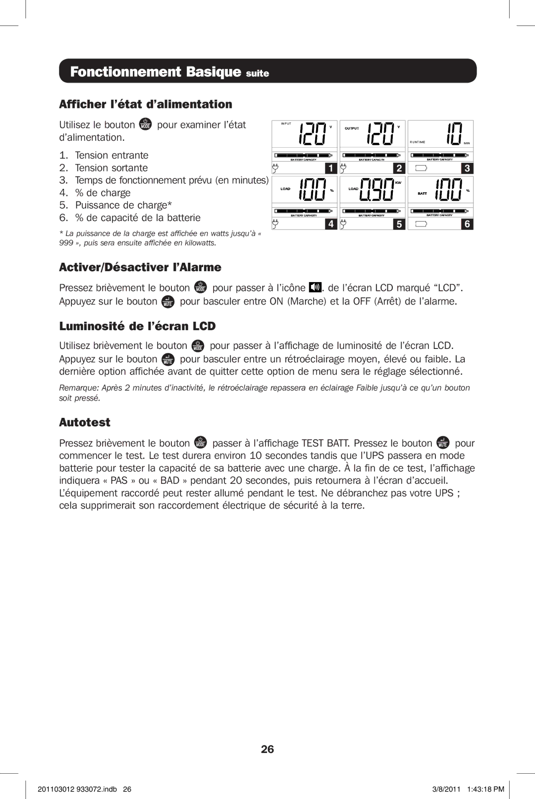 Tripp Lite SMART1500LCDXL Fonctionnement Basique suite, Afficher l’état d’alimentation, Activer/Désactiver l’Alarme 