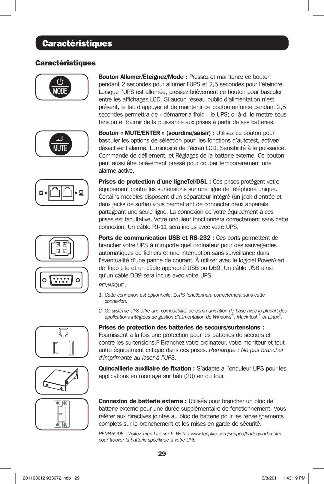 Tripp Lite SMART1500LCDXL owner manual Caractéristiques 