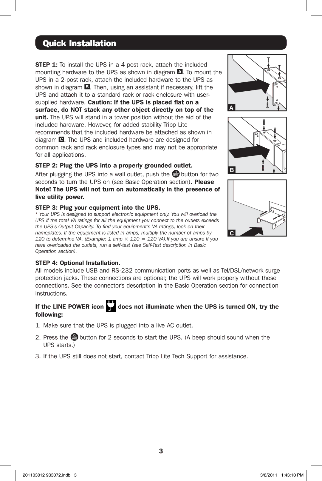 Tripp Lite SMART1500LCDXL owner manual Quick Installation 