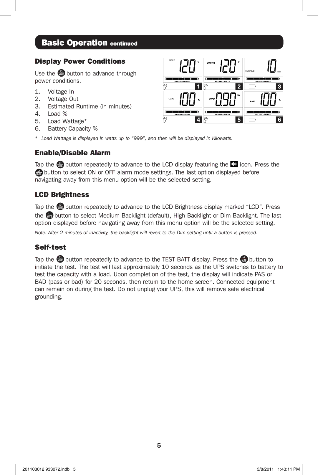 Tripp Lite SMART1500LCDXL owner manual Display Power Conditions, Enable/Disable Alarm, LCD Brightness, Self-test 