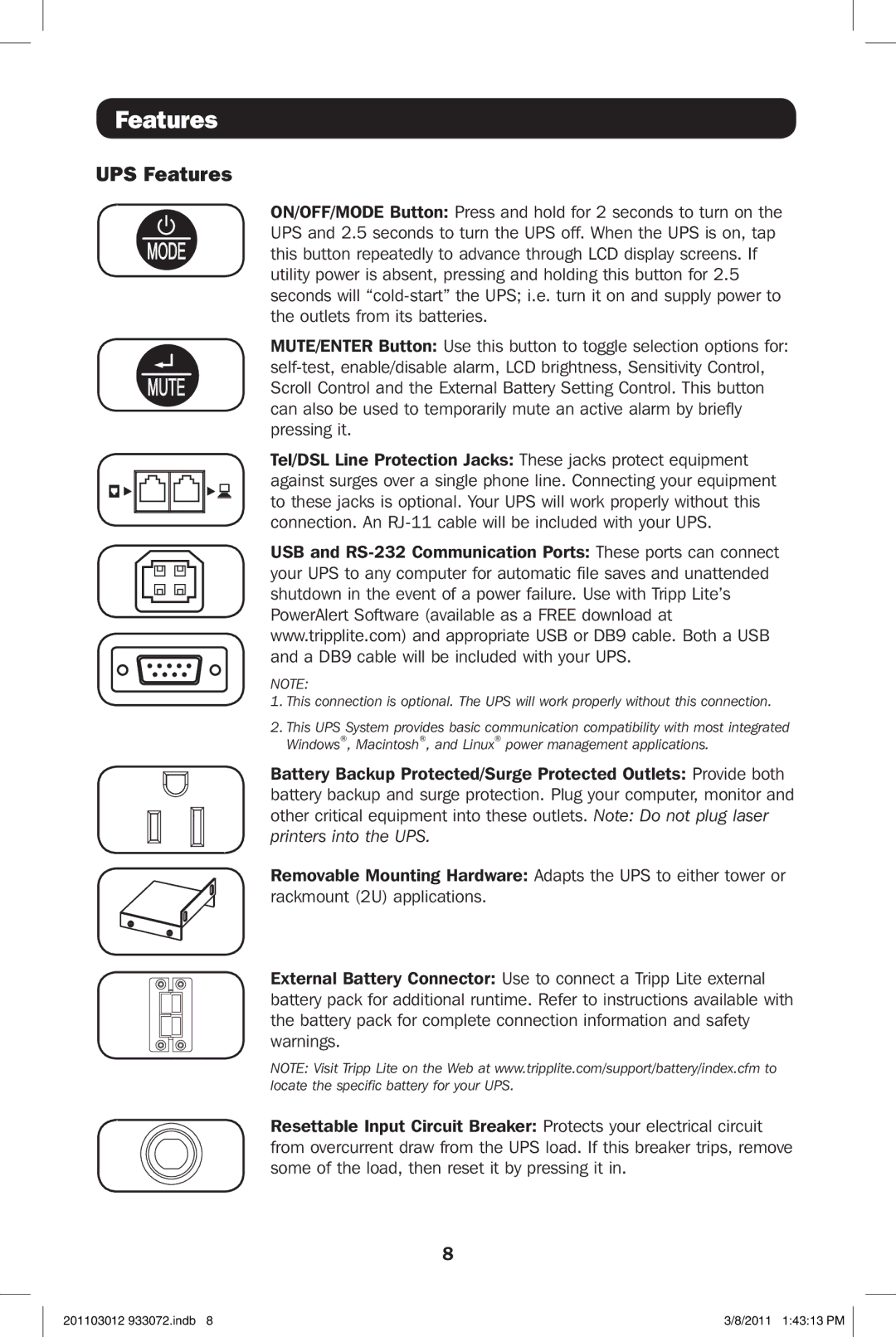 Tripp Lite SMART1500LCDXL owner manual UPS Features 