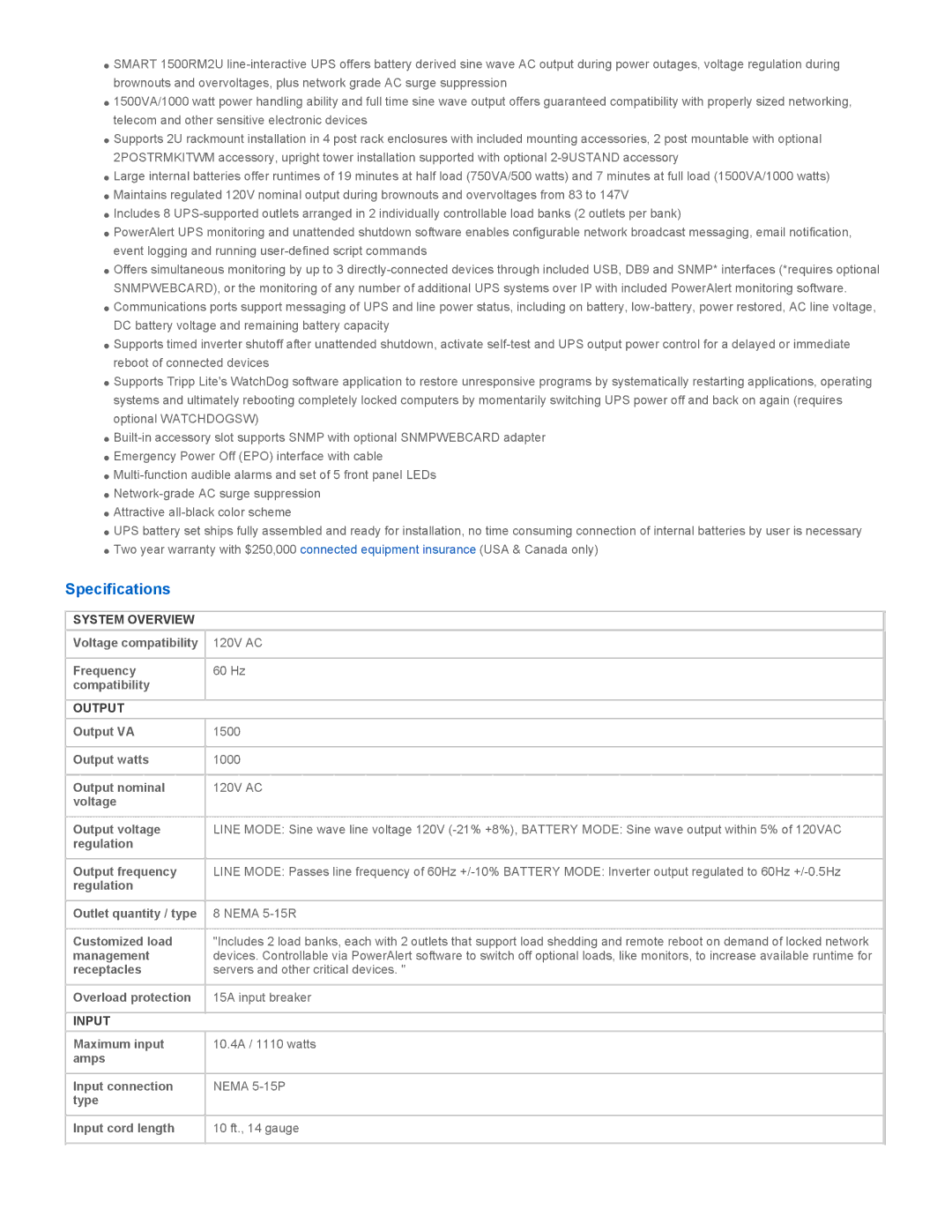 Tripp Lite SMART1500RM2U warranty Specifications, System Overview, Output, Input 