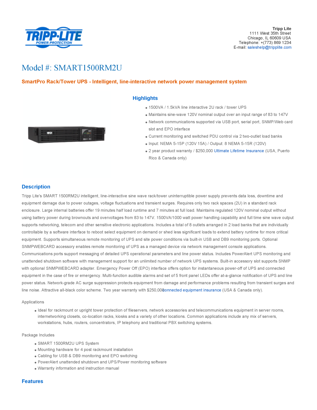 Tripp Lite warranty Highlights, Description, Features, Model # SMART1500RM2U 