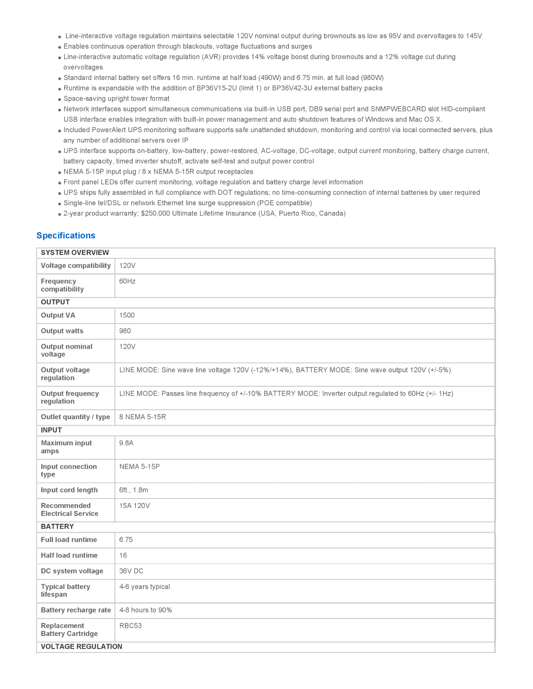 Tripp Lite SMART1500SLTXL warranty Specifications 