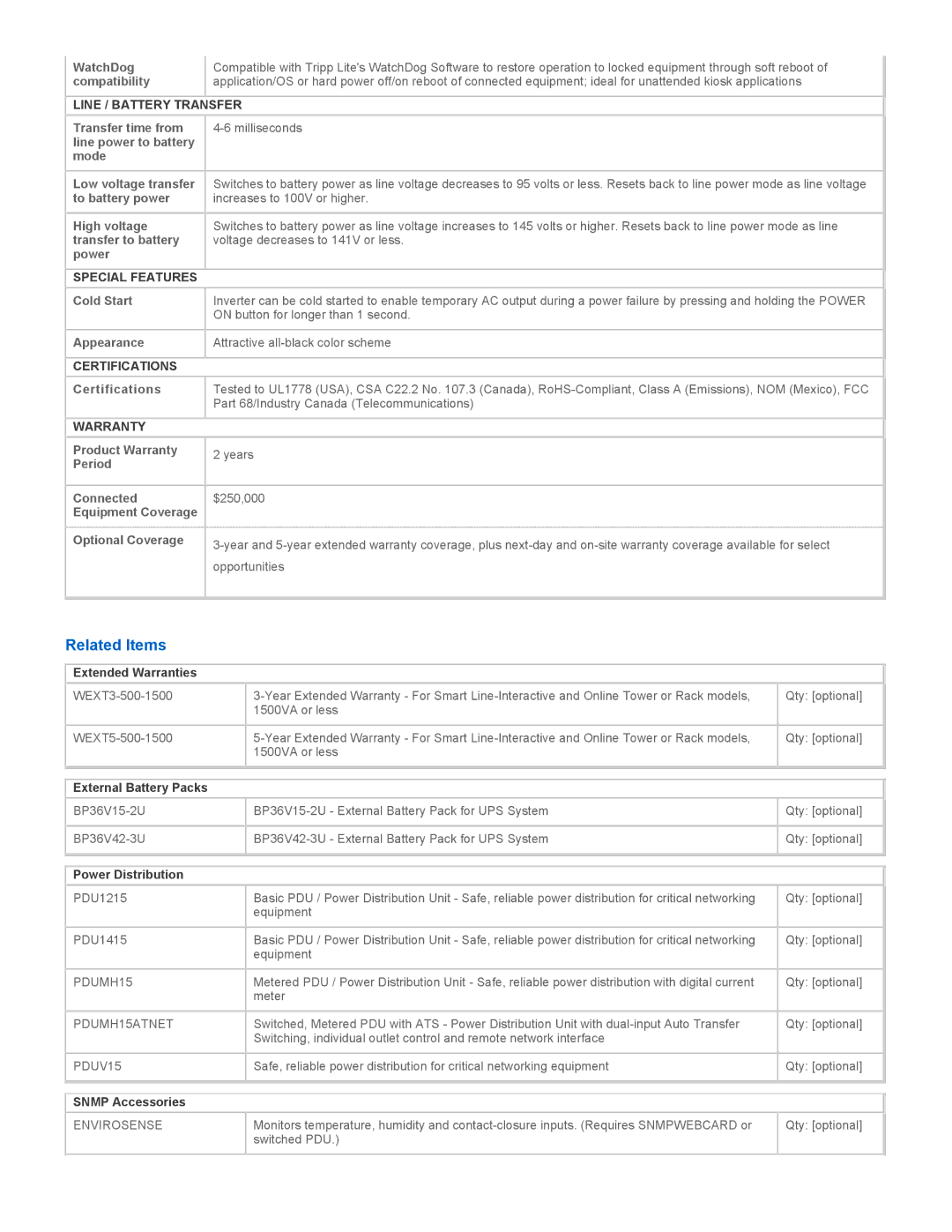 Tripp Lite SMART1500SLTXL warranty Related Items, Line / Battery Transfer, Special Features, Certifications, Warranty 