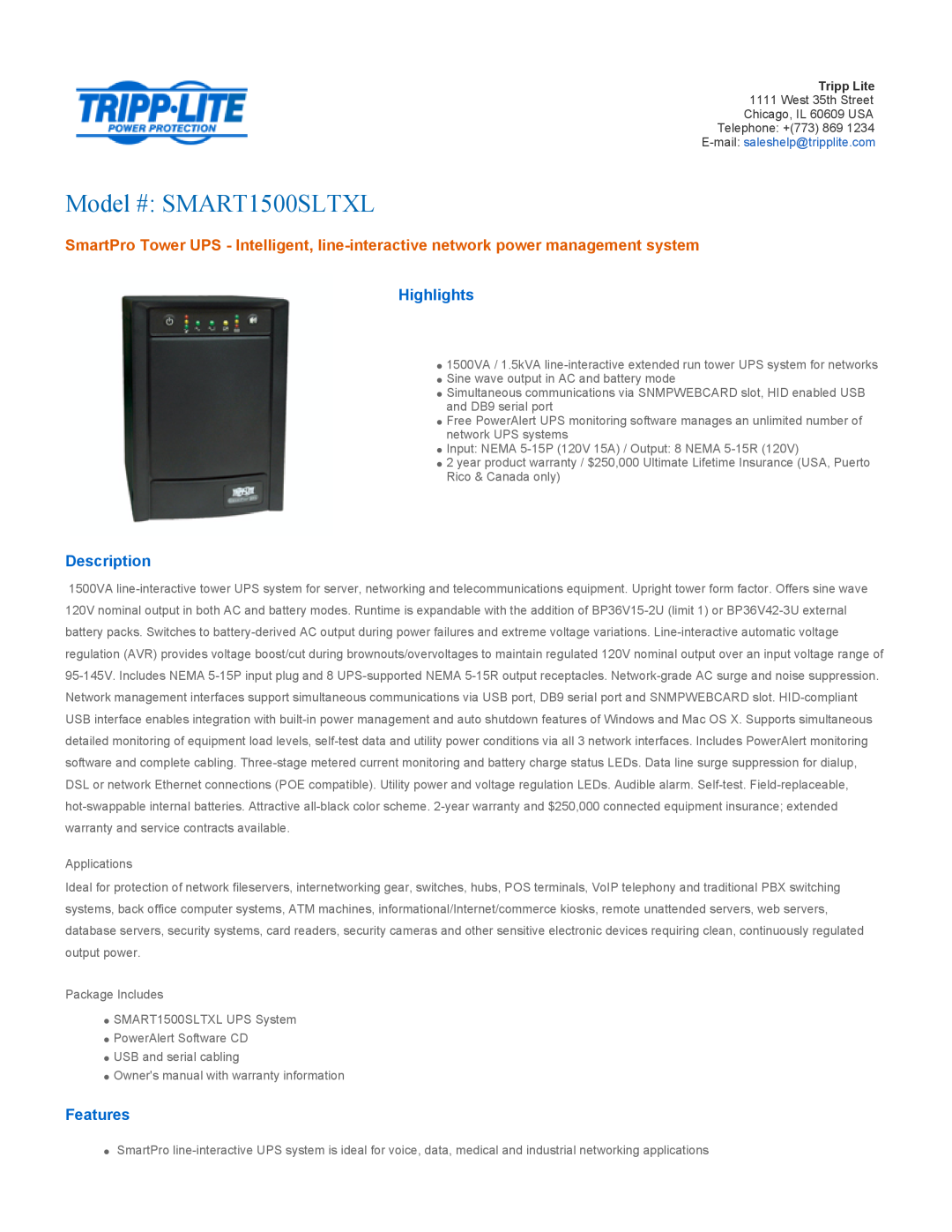Tripp Lite warranty Highlights, Description, Features, Model # SMART1500SLTXL 