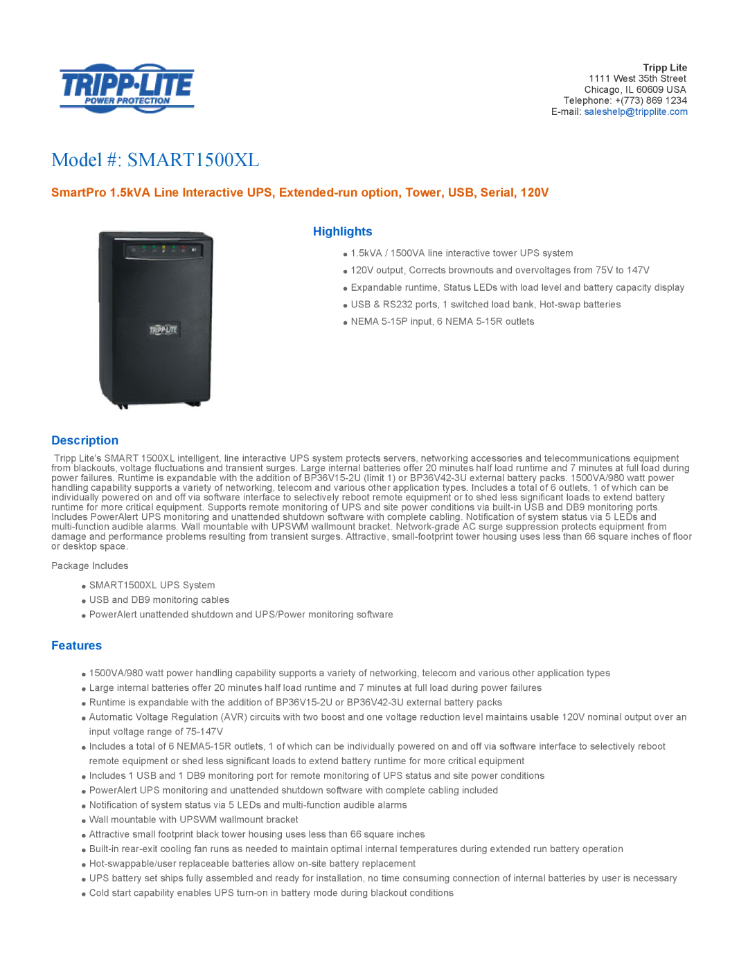 Tripp Lite SMART1500XL manual Highlights, Description, Features, Tripp Lite 