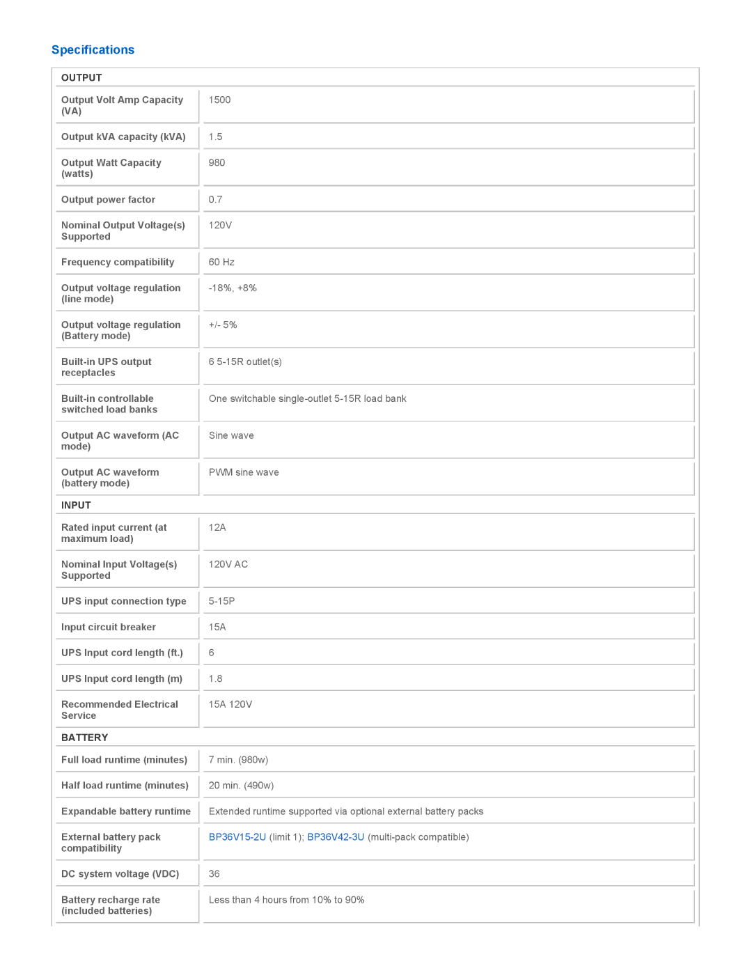 Tripp Lite SMART1500XL manual Specifications, Output, Input, Battery 