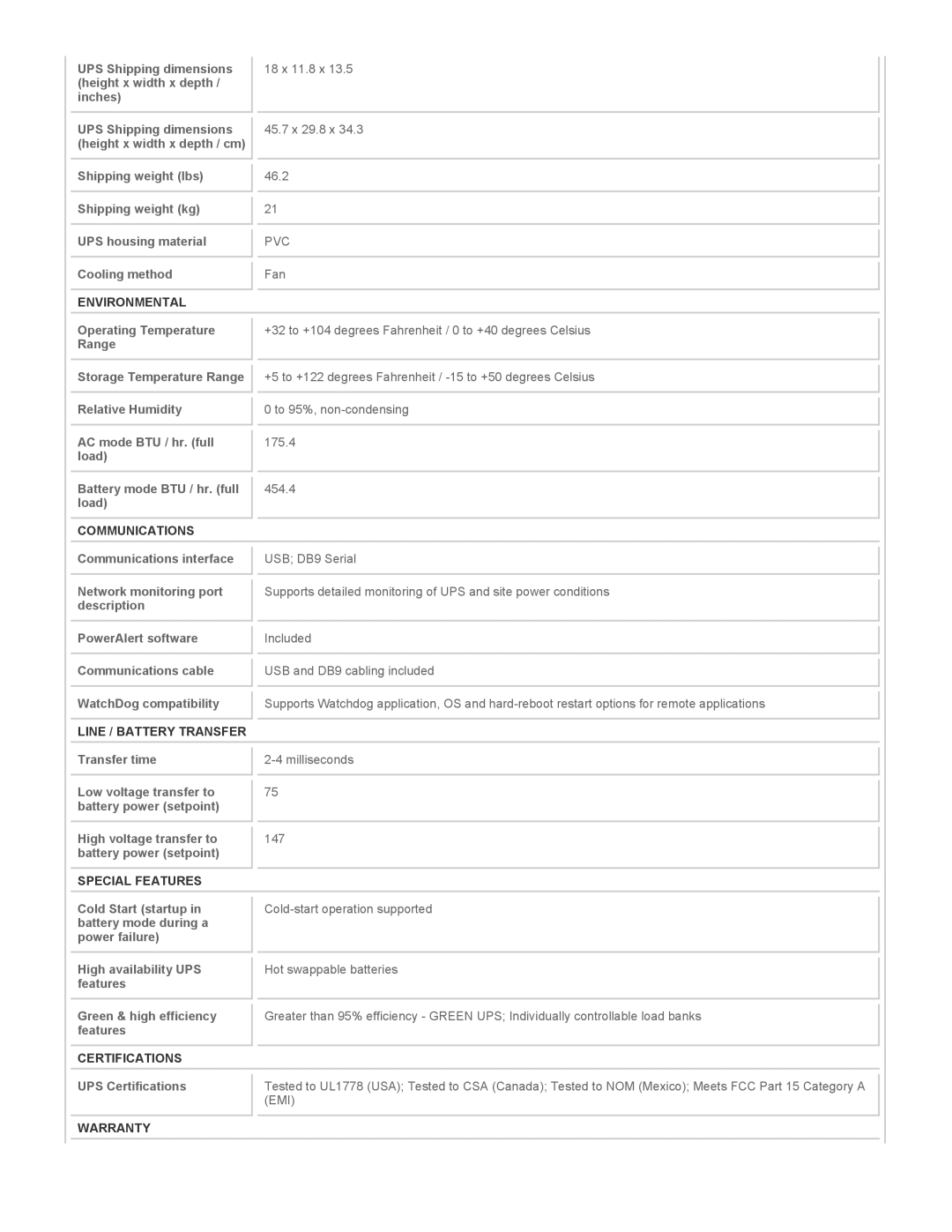 Tripp Lite SMART1500XL Environmental, Communications, Line / Battery Transfer, Special Features, Certifications, Warranty 