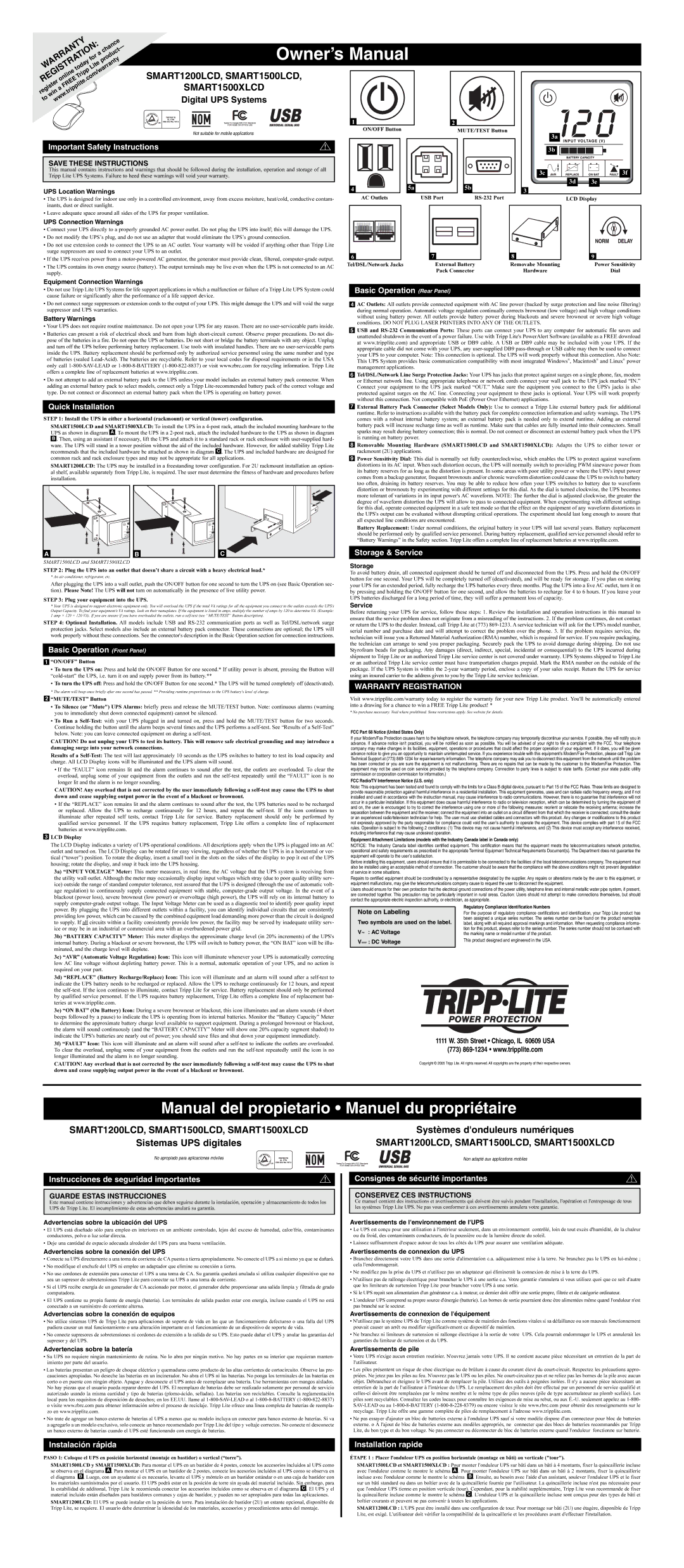 Tripp Lite SMART1500LCD owner manual Important Safety Instructions, Quick Installation, Basic Operation Front Panel 