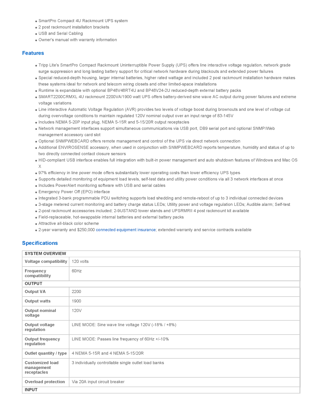 Tripp Lite SMART2200CRMXL warranty Features, Specifications, System Overview, Output, Input 