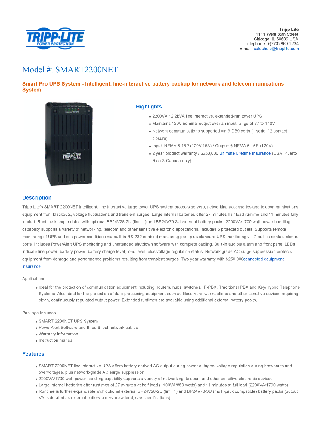 Tripp Lite SMART2200NET warranty Highlights, Description, Features 