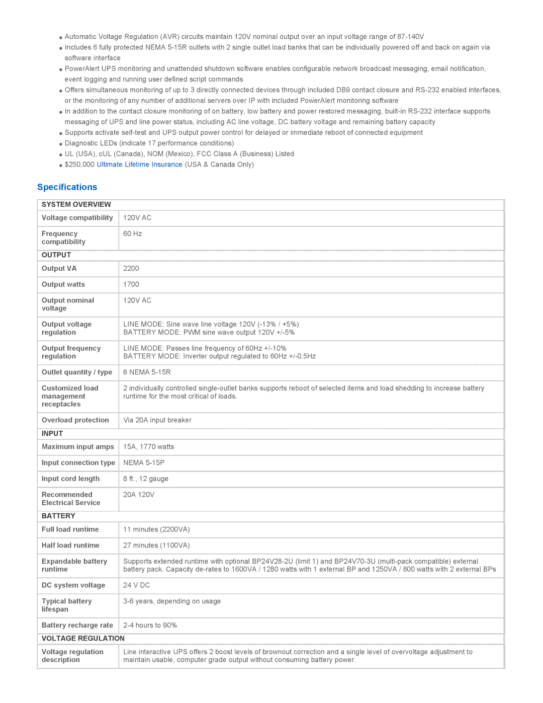 Tripp Lite SMART2200NET warranty Specifications 