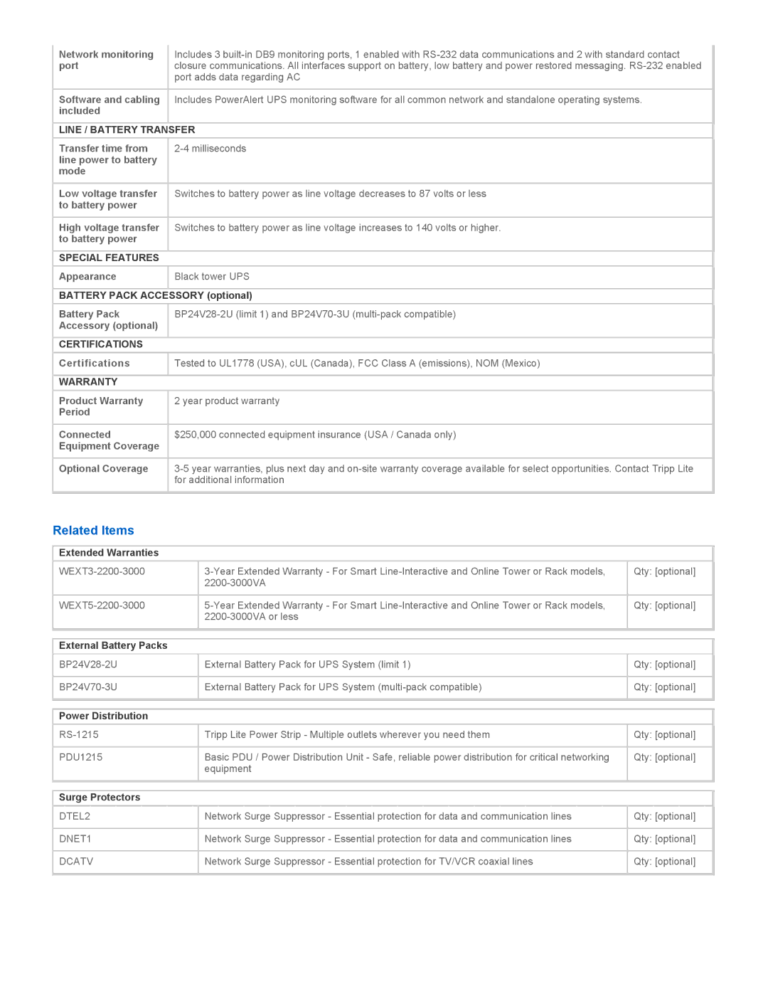 Tripp Lite SMART2200NET warranty Related Items, Line / Battery Transfer, Special Features, Certifications, Warranty 