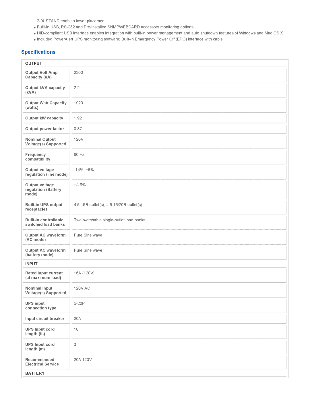 Tripp Lite SMART2200RM2UN instruction manual Specifications, Output, Input, Battery 